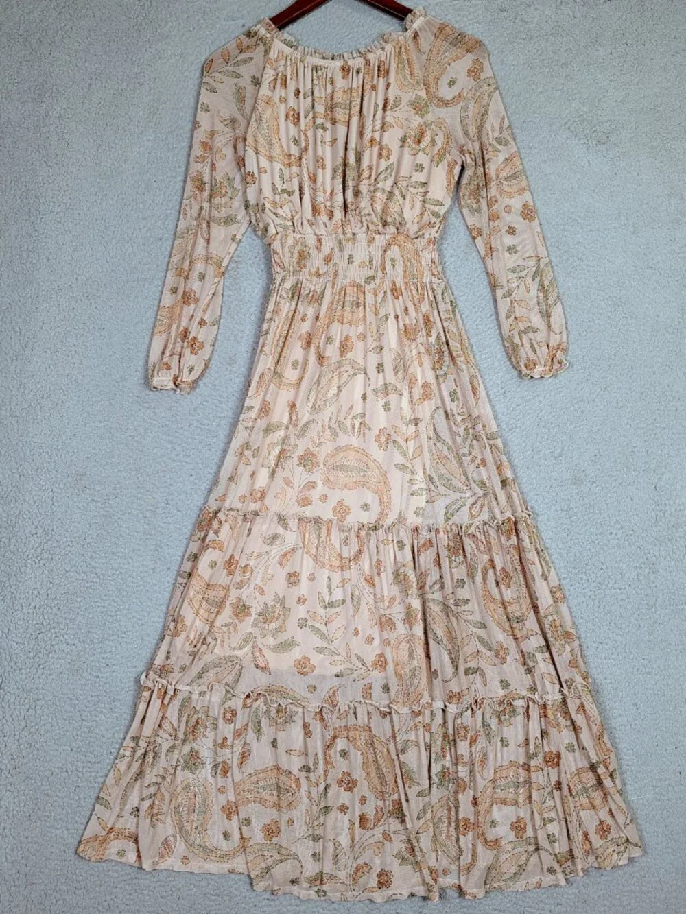 Kate And Lily Maxi Dress Women 4 Petite Beige Paisley Mesh Tiered Ruffle Cottage - Picture 2 of 11